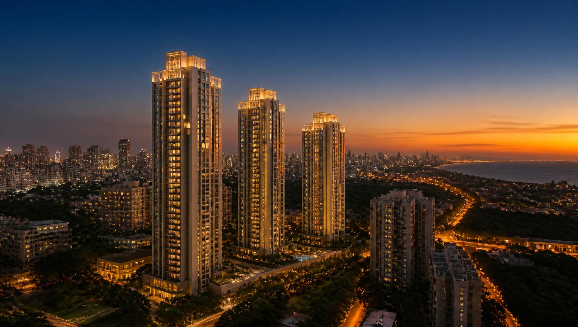 Aerial view of a premium Indian city skyline at dusk